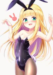 Rule 34 | 1girl, :3, :d, baram, bare arms, bare shoulders, black leotard, black pantyhose, blonde hair, blunt bangs, blush, breasts, collarbone, cowboy shot, green eyes, hands up, highres, leotard, long hair, looking at viewer, mononobe alice, nijisanji, open mouth, pantyhose, playboy bunny, rabbit tail, small breasts, smile, solo, tail, very long hair, virtual youtuber