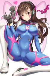 Rule 34 | 1girl, animal print, arm support, blush, bodysuit, boots, breasts, brown eyes, brown hair, cameltoe, character name, closed mouth, d.va (overwatch), eyebrows, eyelashes, facial mark, finger on trigger, gloves, gun, hand up, headphones, heart, highres, holding, holding gun, holding weapon, long hair, long sleeves, looking at viewer, matching hair/eyes, medium breasts, overwatch, overwatch 1, pilot suit, pink background, rabbit print, ribbed bodysuit, sitting, skin tight, smile, solo, spread legs, swept bangs, tako seijin, thigh strap, weapon, whisker markings, white footwear