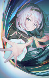 Rule 34 | 1girl, absurdres, amazumi, black jacket, cropped jacket, firefly (honkai: star rail), grey hair, hair between eyes, hair intakes, hair ornament, hairband, highres, honkai: star rail, honkai (series), jacket, long hair, long sleeves, looking at viewer, neckerchief, orange neckerchief, outstretched hand, parted lips, shirt, solo, upper body, white shirt