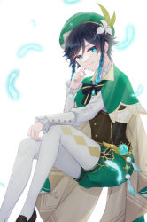 Rule 34 | 1boy, absurdres, androgynous, argyle, argyle clothes, argyle legwear, beret, black hair, blue hair, bow, braid, brooch, collared cape, collared shirt, commentary request, corset, feathers, flower, frilled sleeves, frills, gem, genshin impact, gradient hair, green eyes, green hat, green shorts, hair flower, hair ornament, hat, highres, jewelry, kikudzuki mikan, leaf, light particles, long sleeves, looking at viewer, md5 mismatch, multicolored hair, pantyhose, resolution mismatch, shirt, shoes, short hair with long locks, shorts, sidelocks, simple background, smile, solo, source smaller, twin braids, venti (genshin impact), vision (genshin impact), white background, white flower, white pantyhose, white shirt