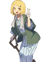 Rule 34 | 1girl, :d, blush, fate/grand order, fate (series), gloves, hair ornament, hairclip, hand up, haori, holding, japanese clothes, kimono, lansane, leaning forward, looking at viewer, open mouth, orange eyes, parted bangs, paul bunyan (fate), paul bunyan (traveling outfit) (fate), short hair, shovel, simple background, smile, solo, standing, sweatdrop, v, white background, white gloves