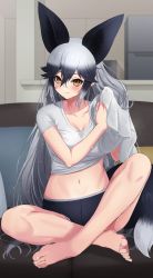 Rule 34 | 1girl, absurdres, alternate costume, animal ear fluff, animal ears, bare arms, bare legs, barefoot, black hair, blush, breasts, brown eyes, casual, collarbone, couch, crossed legs, deku suke, extra ears, feet, fox ears, fox girl, fox tail, full body, gradient hair, hair between eyes, highres, indoors, kemono friends, large breasts, legs, long hair, looking at viewer, midriff, multicolored hair, navel, on couch, shirt, short sleeves, silver fox (kemono friends), silver hair, sitting, smile, solo, tail, toes, towel, very long hair, wet, wet hair, white shirt