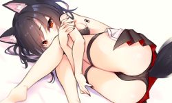 Rule 34 | 1girl, animal ears, ass, azur lane, black hair, black panties, blush, breasts, close-up, commentary request, diieru, highres, long hair, looking at viewer, lying, medium breasts, multicolored nails, nail polish, on side, panties, pleated skirt, red eyes, red skirt, shigure (azur lane), skirt, solo, tail, underwear, wolf ears, wolf tail