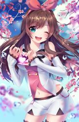 Rule 34 | 1girl, 4-finger heart hands, ;d, artist name, bare shoulders, black ribbon, blue eyes, blue sky, blurry, blush, breasts, brown hair, cherry blossoms, cowboy shot, day, depth of field, detached sleeves, hair ribbon, heart, heart hands, heart of string, highres, kizuna ai, kizuna ai inc., long hair, long sleeves, looking at viewer, medium breasts, multicolored hair, navel, neck ribbon, one eye closed, open mouth, outdoors, pink hair, pink ribbon, ribbon, round teeth, shirt, sky, sleeves past wrists, smile, solo, squchan, standing, stomach, tareme, teeth, two-tone hair, virtual youtuber, water, water drop, white shirt