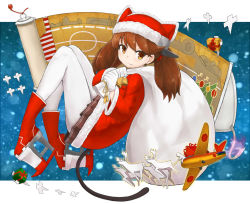 Rule 34 | 10s, 1girl, aircraft, airplane, animal hat, blush, boots, brown eyes, brown hair, cat hat, cat tail, flight deck, gloves, hat, highres, kantai collection, long hair, looking at viewer, okitsugu, outside border, pantyhose, red footwear, revision, ryuujou (kancolle), sack, santa costume, skirt, smile, solo, tail, twintails, white gloves, white pantyhose