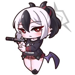 Rule 34 | 1girl, absurdres, black footwear, black hair, black hoodie, black shirt, blue archive, blush, chibi, closed mouth, clothes writing, commentary request, ear piercing, full body, grey hair, gun, h&amp;k p30, hair between eyes, handgun, highres, holding, holding gun, holding weapon, hood, hood down, hoodie, kayoko (blue archive), long sleeves, looking at viewer, low wings, multicolored hair, piercing, plaid, plaid skirt, pleated skirt, ponytail, purple wings, red eyes, red skirt, saishosaisekojo, shirt, shoes, simple background, single wing, skirt, solo, standing, suppressor, thighs, two-tone hair, weapon, white background, wings