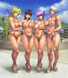 Rule 34 | 4girls, abs, arms behind back, arthemis bikini, ayane (doa), bad anatomy, bad id, bad leg, bad pixiv id, bare legs, bare shoulders, bikini, blonde hair, blue eyes, bow, breast hold, breasts, brown eyes, brown hair, christie (doa), cleavage, cloud, coconut tree, crossed arms, curvy, day, dead or alive, dead or alive xtreme, dead or alive xtreme beach volleyball, artistic error, everyone, facing viewer, feet, female focus, fortune bikini, full body, godfather bikini, hair bow, helena douglas, high heels, ibanen, large breasts, legs, lei fang, lineup, long hair, looking at viewer, medium breasts, micro bikini, midriff, multiple girls, navel, no socks, one eye closed, open mouth, open shoes, outdoors, palm tree, ponytail, poorly drawn, pumps, purple hair, red eyes, revealing clothes, sandals, shell, shell bikini, shoes, short hair, sky, smile, standing, swimsuit, tecmo, thighs, toes, tree, venus bikini, white footwear, white hair, wink