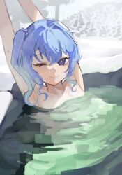 Rule 34 | 1girl, armpits, arms up, bath, bathing, blue eyes, blue hair, blush, convenient censoring, crossed bangs, hair between eyes, highres, hololive, hoshimachi suisei, long hair, looking at viewer, nude, one eye closed, onsen, outdoors, partially submerged, rock, side ponytail, sidelocks, smile, snow, solo, stretching, sweat, tomanesan, tree, virtual youtuber, water