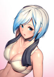 Rule 34 | 1girl, bare shoulders, black towel, blue eyes, blue hair, blush, bra, breasts, cleavage, collarbone, floral print, from above, gradient background, gradient hair, large breasts, looking at viewer, moonandmist, multicolored hair, navel, original, parted bangs, parted lips, pink background, print bra, shiny skin, short hair, sidelocks, solo, towel, towel around neck, two-tone hair, underwear, underwear only, upper body, wet, white background, white bra, white hair