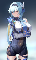 Rule 34 | 1girl, amco, arms under breasts, asymmetrical hair, blue gloves, blue hair, blue necktie, blush, breasts, capelet, closed mouth, covered navel, crossed arms, detached sleeves, eula (genshin impact), frown, genshin impact, gloves, hair between eyes, hair ornament, hairband, highres, large breasts, leotard, looking at viewer, medium hair, necktie, purple eyes, skindentation, solo, thigh strap, thighhighs, thighs, v-shaped eyebrows, vision (genshin impact), wavy mouth