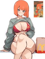 Rule 34 | 1girl, alternate breast size, bag, bare legs, bikini, bikini under clothes, blunt bangs, blunt ends, breasts, bright pupils, brown eyes, clothes lift, commentary, crossed legs, english commentary, highres, large breasts, looking at viewer, mcdonald&#039;s, mother (yoru mac), mother (yoru mac), orange hair, paper bag, parted lips, rakeemspoon, red bikini, reference inset, short hair, sitting, sketch, smile, solo, sweater, sweater lift, swimsuit, white background, white pupils, yoru mac