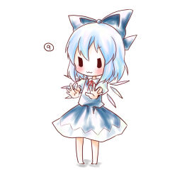 Rule 34 | &gt;:3, 1girl, :3, bad id, bad pixiv id, barefoot, blue hair, bow, chibi, circled 9, cirno, dress, hair bow, kuromame (8gou), large bow, outstretched arms, phantasmagoria of flower view, short hair, solo, touhou, v-shaped eyebrows