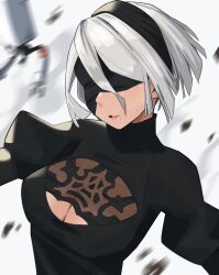 Rule 34 | 1girl, absurdres, black dress, blindfold, blush, breasts, cleavage, cleavage cutout, clothing cutout, dress, highres, large breasts, lewdrawings, medium breasts, mole, mole under mouth, nier:automata, nier (series), self-upload, simple background, solo, white hair, wind, 2b (nier:automata)