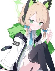 Rule 34 | 1girl, absurdres, animal ear headphones, animal ears, black panties, black thighhighs, blonde hair, blue archive, blue bow, blue necktie, blush, bow, cat tail, collared shirt, commentary request, fake animal ears, green eyes, green halo, hair bow, halo, headphones, highres, jacket, jyt, long sleeves, looking at viewer, midori (blue archive), necktie, open mouth, panties, shirt, short hair, simple background, solo, tail, thighhighs, two-sided fabric, two-sided jacket, underwear, white background, white jacket, white shirt, wide sleeves