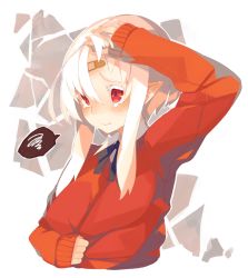 Rule 34 | 1girl, baal (shiomachi), bandaid, bandaid on face, bandaid on forehead, blush, breasts, colored eyelashes, forehead, original, pointy ears, red eyes, shiomachi, short hair with long locks, sidelocks, sleeves past wrists, solo, spoken squiggle, squiggle, sweater, teardrop, upper body, white hair