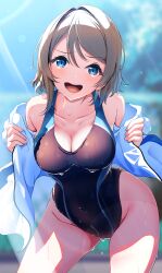 Rule 34 | 1girl, absurdres, amagi (volfuji), blue eyes, breasts, brown hair, cleavage, competition swimsuit, highres, looking at viewer, love live!, love live! sunshine!!, medium breasts, medium hair, one-piece swimsuit, open mouth, smile, solo, swimsuit, swimsuit under clothes, watanabe you, wet, wet clothes, wet swimsuit