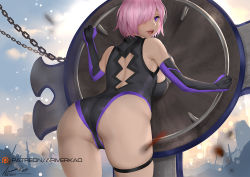 Rule 34 | 1girl, ariverkao, artist name, ass, bare shoulders, bent over, elbow gloves, fate/grand order, fate (series), from behind, gloves, hair over one eye, mash kyrielight, pink hair, purple hair, shield, short hair, skindentation, solo, sword, thigh strap, weapon