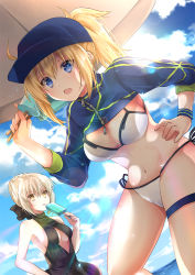 Rule 34 | 2girls, :o, ahoge, artoria pendragon (all), artoria pendragon (alter swimsuit rider) (first ascension) (fate), artoria pendragon (fate), bare arms, bare shoulders, baseball cap, bikini, black dress, blonde hair, blue eyes, blue sky, breasts, center opening, cleavage, cloud, day, dress, fate/grand order, fate (series), food, hair through headwear, hat, highres, holding, holding food, iroha (shiki), large breasts, long hair, looking at viewer, multiple girls, mysterious heroine x (fate), mysterious heroine xx (fate), navel, open mouth, ponytail, popsicle, revision, saber alter, shrug (clothing), side-tie bikini bottom, sideboob, sidelocks, sky, stomach, sunlight, swimsuit, thigh strap, thighs, umbrella, white bikini