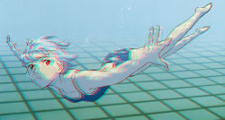 Rule 34 | 1girl, :t, absurdres, anaglyph, ayanami rei, barefoot, blue hair, blue one-piece swimsuit, breasts, bubble, flat chest, foreshortening, from side, highres, holding breath, neon genesis evangelion, one-piece swimsuit, outstretched arms, pale skin, pool, red eyes, scan, short hair, small breasts, solo, spread arms, swimming, swimsuit, tsurumaki kazuya, underwater