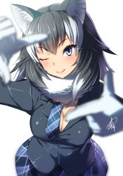Rule 34 | 10s, 1girl, ;), animal ears, ayagi daifuku, blue eyes, blush, breasts, cleavage, coat, fang, fang out, finger frame, fur collar, gloves, gradient hair, grey wolf (kemono friends), kemono friends, large breasts, lips, long hair, long sleeves, looking at viewer, multicolored hair, one eye closed, pleated skirt, simple background, skirt, smile, solo, two-tone hair, white background, white hair, wolf ears