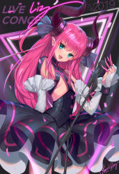 Rule 34 | 1girl, blue eyes, dated, detached sleeves, dragon girl, dragon horns, dragon tail, dress, elizabeth bathory (fate), elizabeth bathory (fate/extra ccc), elizabeth bathory (first ascension) (fate), fate/extra, fate/grand order, fate (series), flat chest, horns, long hair, looking back, lucidsky, microphone, microphone stand, pink hair, pointy ears, signature, solo, tail, underwear