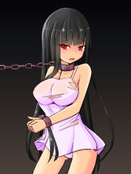 Rule 34 | 1girl, alternate costume, azm (mochanepore), bare shoulders, bdsm, black background, blush, bondage, bound, bound wrists, breasts, chain, collar, collarbone, covered erect nipples, cowboy shot, cuffs, dress, female focus, gradient background, hime cut, houraisan kaguya, large breasts, long hair, looking at viewer, looking to the side, open mouth, panties, pantyshot, red eyes, shackled, shackles, short dress, sketch, solo, standing, tears, torn clothes, torn dress, touhou, underwear, very long hair