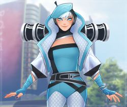 Rule 34 | 1girl, absurdres, apex legends, bandaged hand, bandages, beret, blue bodysuit, blue eyes, blue hat, blue nails, blurry, blurry background, bodysuit, breasts, facial scar, grey jacket, hat, haute drop wattson, highres, jacket, lila (lilakeylk), looking to the side, nail polish, official alternate costume, olympus (apex legends), scar, scar on cheek, scar on face, silver hair, small breasts, smile, solo, wattson (apex legends)
