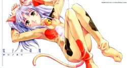 Rule 34 | 1girl, alternate costume, animal costume, animal ears, armpits, arms up, bell, blush, bodysuit, cat costume, cat ears, cat tail, catsuit, character name, fake animal ears, fingernails, flat chest, from above, full body, head tilt, highres, hoshino ruri, kidou senkan nadesico, knees together feet apart, light purple hair, long fingernails, long hair, lying, maruto!, parted bangs, solo, tail, twintails, yellow eyes