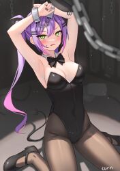 Rule 34 | 1girl, @ @, absurdres, alternate costume, animal ears, armpits, arms up, bibi (tokoyami towa), black bow, black bowtie, black footwear, black leotard, black pantyhose, black ribbon, blush, bow, bowtie, breasts, colored inner hair, commentary, corniecorny, demon girl, demon tail, detached collar, english commentary, fake animal ears, green eyes, hair ornament, hairclip, highres, hololive, leotard, long hair, looking at viewer, medium breasts, multicolored hair, open mouth, pantyhose, piercing, pink hair, playboy bunny, purple hair, rabbit ears, ribbon, solo, strapless, strapless leotard, streaked hair, tail, tail ornament, tail piercing, tokoyami towa, twintails, virtual youtuber