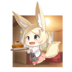 Rule 34 | 1girl, :d, animal ear fluff, animal ears, blonde hair, blurry, blurry background, blush, brown eyes, commentary request, couch, cup, depth of field, food request, fox ears, fox girl, fox tail, hair ornament, hairclip, highres, holding, holding tray, open mouth, original, outside border, parted bangs, running, smile, solo, sparkle, tail, tray, wooden floor, yuuji (yukimimi)