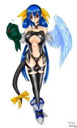 Rule 34 | 1girl, anger vein, arc system works, asymmetrical wings, blue hair, dizzy (guilty gear), guilty gear, lost woods, necro (guilty gear), red eyes, red hair, ribbon, solo, tail, tail ornament, tail ribbon, thighhighs, wings