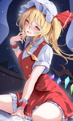 Rule 34 | 1girl, 258n, absurdres, arm support, blonde hair, blush, crystal, fang, fingernails, flandre scarlet, hair between eyes, hat, highres, looking at viewer, mob cap, nail polish, one side up, petticoat, red eyes, red skirt, red vest, shirt, skirt, smile, solo, touhou, vest, white shirt, wings, wrist cuffs