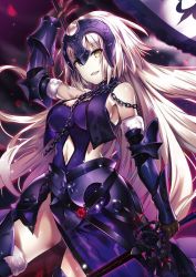 Rule 34 | 1girl, :d, armor, armored dress, banner, black gloves, black sleeves, breasts, chain, clothing cutout, detached sleeves, dress, fate/grand order, fate (series), faulds, floating hair, fur trim, gloves, headpiece, holding, holding sword, holding weapon, jeanne d&#039;arc (fate), jeanne d&#039;arc alter (avenger) (fate), jeanne d&#039;arc alter (avenger) (third ascension) (fate), jeanne d&#039;arc alter (fate), long hair, looking at viewer, medium breasts, navel, navel cutout, open mouth, petals, purple dress, riichu, sideboob, silver hair, sleeveless, sleeveless dress, smile, solo, standing, sword, very long hair, weapon, yellow eyes