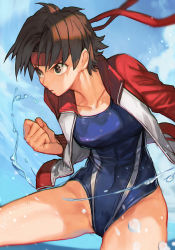 Rule 34 | 1girl, alternate costume, breasts, brown eyes, brown hair, capcom, clenched hand, competition swimsuit, cowboy shot, hachimaki, hairband, headband, hungry clicker, jacket, jacket over swimsuit, kasugano sakura, long sleeves, looking to the side, one-piece swimsuit, open clothes, red hairband, serious, short hair, solo, street fighter, street fighter v, street fighter zero (series), swimsuit, tomboy, track jacket, water