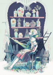 Rule 34 | 1girl, apron, bad id, bad pixiv id, bandana, blonde hair, bottle, bucket, fence, floral print, flower, from side, grass, kneehighs, ladder, looking up, muted color, original, pitchfork, profile, red skirt, shelf, shoes, short sleeves, sitting, skirt, smile, socks, solo, somemachi, stool, traditional clothes, vase, watering can, white socks, wooden fence