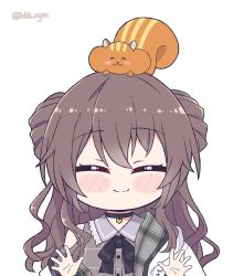 Rule 34 | 1girl, ^ ^, animal, animal on head, blush stickers, brown hair, chibi, closed eyes, closed mouth, collared shirt, commentary, double bun, english commentary, facing viewer, grey shirt, hair between eyes, hair bun, hololive, jacket, kukie-nyan, long hair, natsuiro matsuri, natsuiro matsuri (casual), on head, outstretched hand, plaid, plaid shirt, shirt, simple background, smile, solo, squirrel, twitter username, upper body, virtual youtuber, wavy hair, white background, white jacket
