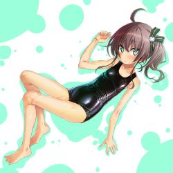 Rule 34 | 1girl, :o, ahoge, arm up, bare arms, bare legs, bare shoulders, barefoot, blush, brown hair, cat hair ornament, collarbone, green background, green eyes, hair ornament, hair ribbon, highres, hololive, looking at viewer, lying, natsuiro matsuri, one-piece swimsuit, parted lips, ribbon, sakuya tsuitachi, school swimsuit, shiny clothes, side ponytail, sidelocks, solo, swimsuit, two-tone background, virtual youtuber, wet, wet clothes, wet swimsuit, white background