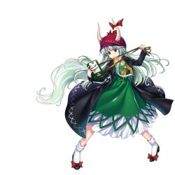 Rule 34 | 1girl, black coat, black footwear, bow, cabbie hat, closed mouth, coat, dress, ex-keine, fingernails, footwear bow, full body, game cg, green dress, green hair, hat, highres, holding, horn bow, horn ornament, horns, horns through headwear, kamishirasawa keine, kamishirasawa keine (kaiju of rumors and speculation), long fingernails, long hair, multicolored hair, neckerchief, open clothes, open coat, orange neckerchief, red bow, red eyes, red hat, red nails, rotte (1109), sharp fingernails, simple background, socks, solo, third-party source, touhou, touhou lostword, two-tone hair, v-shaped eyebrows, very long hair, white background, white hair, white socks
