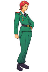Rule 34 | 1girl, advance wars, advance wars: dual strike, androgynous, belt, black eyes, blonde hair, blouse, boots, clenched hand, collared shirt, flat chest, full body, hand on own hip, hannah, highres, hirata ryou, military, military uniform, multicolored hair, necktie, nintendo, official art, profile, red hair, shirt, short hair, simple background, smile, solo, standing, tomboy, two-tone hair, uniform, white shirt