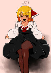 Rule 34 | 1girl, absurdres, black dress, blonde hair, blush, brown pantyhose, collared shirt, commentary request, dress, fangs, feet out of frame, frilled shirt collar, frills, hair ribbon, highres, kurodani yamame, long sleeves, looking at viewer, medium hair, necktie, open mouth, pantyhose, pinafore dress, red eyes, red necktie, red ribbon, ribbon, rinyamame, rumia, shirt, sitting, sleeveless dress, smile, solo, touhou, white shirt