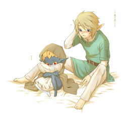 Rule 34 | 1boy, 1girl, barefoot, belt, blonde hair, blue eyes, blush, colored sclera, earrings, hood, inumimi moeta, jewelry, link, midna, nintendo, hugging object, pillow, pillow hug, pointy ears, red eyes, the legend of zelda, the legend of zelda: twilight princess, translation request, yellow sclera
