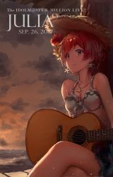 Rule 34 | 1girl, absurdres, acoustic guitar, bare arms, bare shoulders, bikini, bikini top only, blue eyes, blush, breasts, brown hat, character name, cleavage, closed mouth, cloud, cloudy sky, collarbone, commentary, copyright name, crossed legs, dated, earrings, flower, frilled bikini, frilled bikini top, frills, front-tie bikini top, front-tie top, guitar, hat, hibiscus, highres, horizon, idolmaster, idolmaster million live!, instrument, jewelry, julia (idolmaster), madogiwa (ran5), medium breasts, necklace, ocean, outdoors, pendant, red hair, short hair, sitting, sketch, sky, solo, straw hat, swimsuit, tareme, thighs, twilight, white bikini