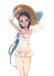 Rule 34 | 10s, 1girl, :d, alternate costume, aqua hair, armpits, arms up, bikini, bikini skirt, blue eyes, blue hair, branch (blackrabbits), breasts, gradient hair, hat, holding, holding hat, kantai collection, long hair, looking at viewer, matching hair/eyes, multicolored hair, navel, open mouth, samidare (kancolle), simple background, small breasts, smile, solo, stomach, straw hat, swimsuit, very long hair, white background, white bikini