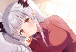 Rule 34 | 1girl, blush, breasts, brown eyes, daysss, flower, hair flower, hair ornament, highres, indie virtual youtuber, large breasts, long hair, long sleeves, looking at viewer, lying, nail polish, on side, sleeves past wrists, solo, suou patra, twintails, virtual youtuber, white hair