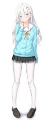 Rule 34 | 1girl, absurdres, aikotoba -silver snow sister-, aqua cardigan, arm at side, black footwear, black skirt, blue eyes, blunt bangs, blush, bright pupils, cardigan, closed mouth, commentary request, full body, hair ornament, hairclip, hand up, head tilt, highres, hoshitsugu shirone, loafers, long hair, looking at viewer, miniskirt, ncontrail (mgax7527), orange ribbon, pantyhose, pleated skirt, pom pom (clothes), pom pom hair ornament, ribbon, sailor collar, school uniform, shoes, simple background, skirt, sleeves past wrists, slit pupils, smile, solo, wavy hair, white background, white hair, white pantyhose, white pupils, white sailor collar
