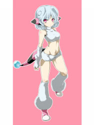Rule 34 | 1girl, animal ears, ball, blush, breasts, creatures (company), fingerless gloves, flaaffy, game freak, gen 2 pokemon, gloves, halterneck, highres, kneehighs, looking at viewer, midriff, navel, nintendo, open mouth, personification, pink background, pink eyes, pink footwear, pokemon, pokemon gsc, sheep ears, sheep girl, shimaumayamada, shirt, shoes, short hair, shorts, sleeveless, sleeveless shirt, small breasts, socks, standing, tail, white gloves, white hair, white shirt, white shorts, white socks
