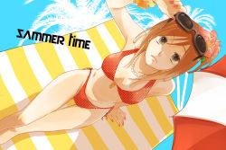 Rule 34 | 1girl, adjusting eyewear, arm support, bad id, bad pixiv id, bikini, brown eyes, brown hair, english text, engrish text, flower, from above, glasses, hair flower, hair ornament, jewelry, mizuno minami, necklace, original, pearl necklace, ranguage, red bikini, solo, sunglasses, swimsuit, umbrella