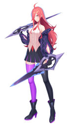 Rule 34 | 1girl, absurdres, ahoge, asymmetrical legwear, bare shoulders, battle academia katarina, black footwear, black gloves, black legwear, blue eyes, closed mouth, dagger, dual wielding, frown, gloves, hair over one eye, high heels, highres, holding, holding dagger, holding knife, holding weapon, jaaane0 0, jacket, katarina (league of legends), knife, league of legends, long hair, mismatched legwear, multicolored clothes, multicolored gloves, necktie, off-shoulder jacket, off shoulder, over shoulder, pink hair, purple gloves, purple legwear, red necktie, scar, scar on face, simple background, skirt, solo, standing, striped, turtleneck, two-tone gloves, weapon, weapon over shoulder, white background, zipper