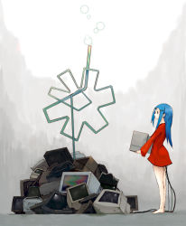 Rule 34 | bad id, bad pixiv id, barefoot, blue hair, broken, bubble, cable, crt, hrd, long hair, original, solo, television, trash