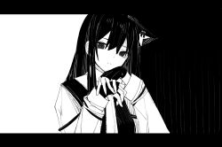 Rule 34 | 0 (znanimo), 1girl, absurdres, animal ears, arknights, black background, extra ears, fingerless gloves, gloves, greyscale, hair between eyes, highres, letterboxed, long hair, long sleeves, looking at viewer, monochrome, shirt, sidelocks, simple background, sketch, solo, texas (arknights), texas the omertosa (arknights), two-tone background, vest, white background, wolf ears, wolf girl